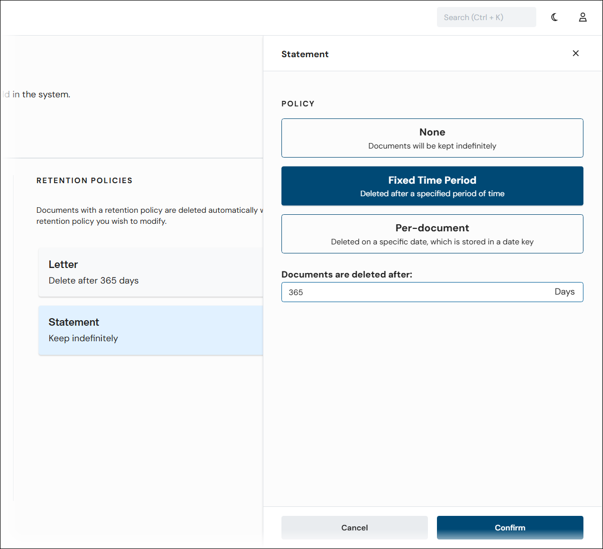 A selected retention policy on the Document Retention page with the three policy options displayed in a right-side panel.